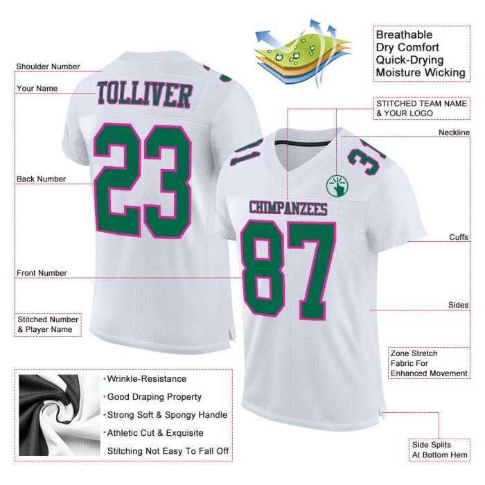 Custom Football Jersey - Authentic White with Kelly Green and Hot Pink Mesh Custom White Kelly Green-Hot Pink Mesh Authentic - Image 2