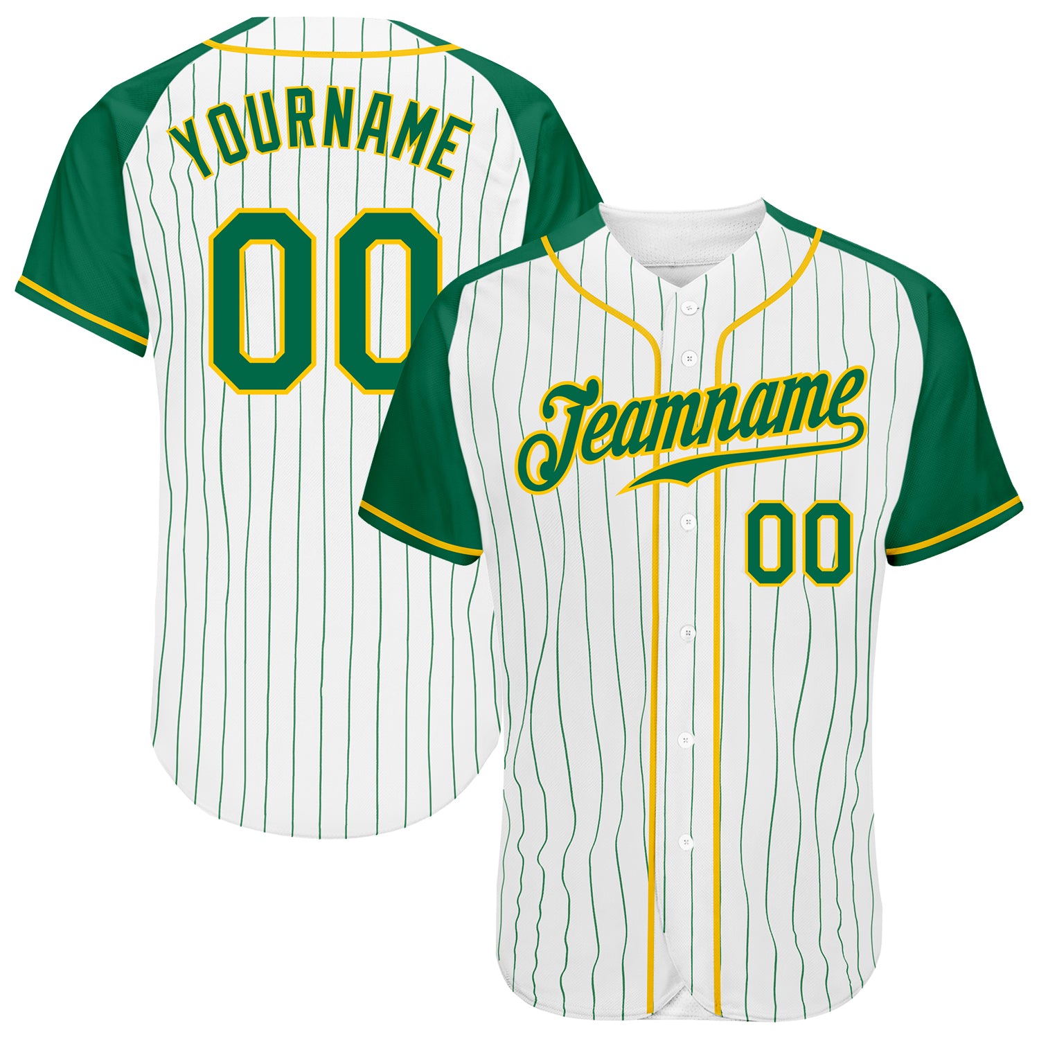 Custom Kelly Green Pinstripe Baseball Jersey with White and Gold Raglan Sleeves - Authentic Design Custom White Kelly Green