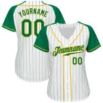 Custom Kelly Green Pinstripe Baseball Jersey with White and Gold Raglan Sleeves - Authentic Design Custom White Kelly Green - Image 2