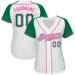 Custom Green and Pink Pinstripe Baseball Jersey with Raglan Sleeves - Authentic Design Custom White Kelly Green Pinstripe - Image 2