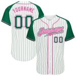 Custom Green and Pink Pinstripe Baseball Jersey with Raglan Sleeves - Authentic Design Custom White Kelly Green Pinstripe
