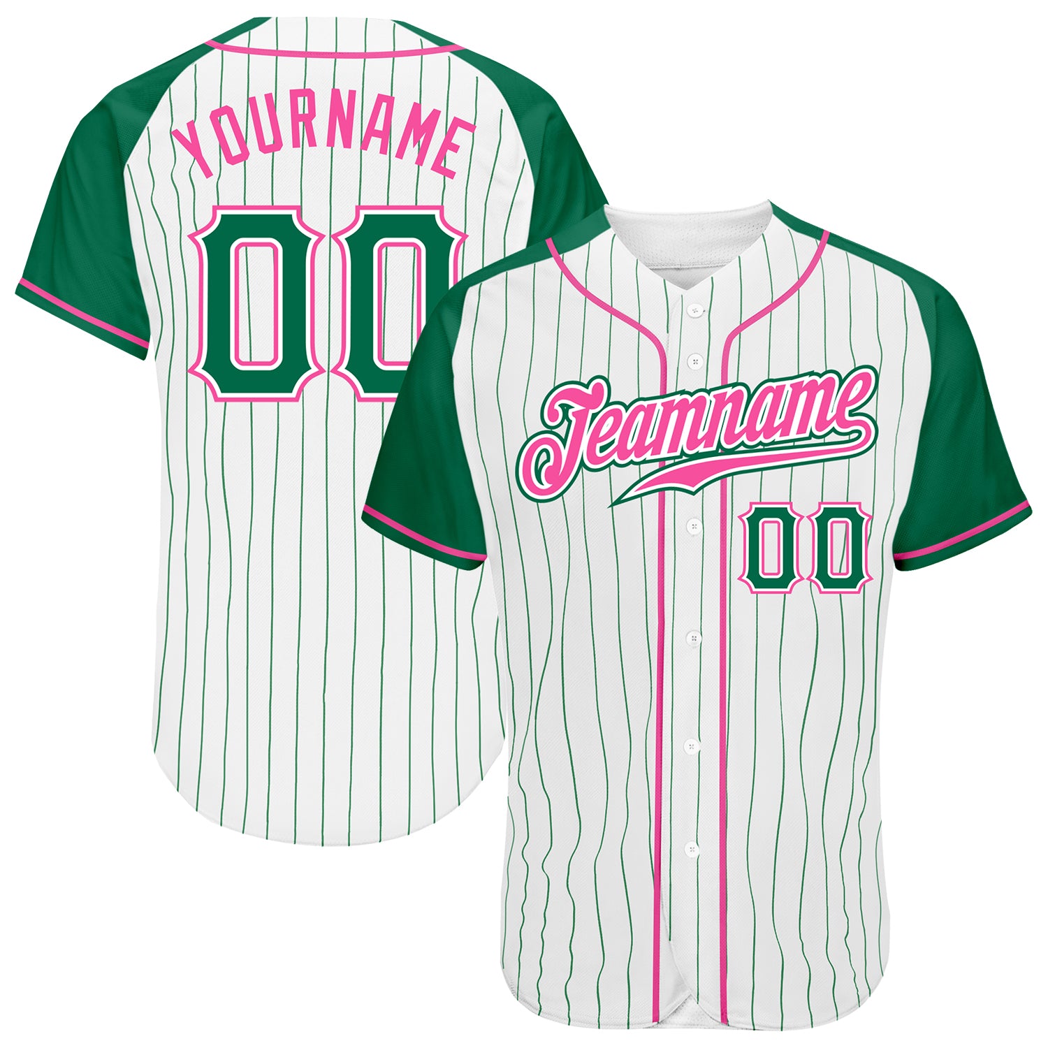 Custom Green and Pink Pinstripe Baseball Jersey with Raglan Sleeves - Authentic Design Custom White Kelly Green Pinstripe