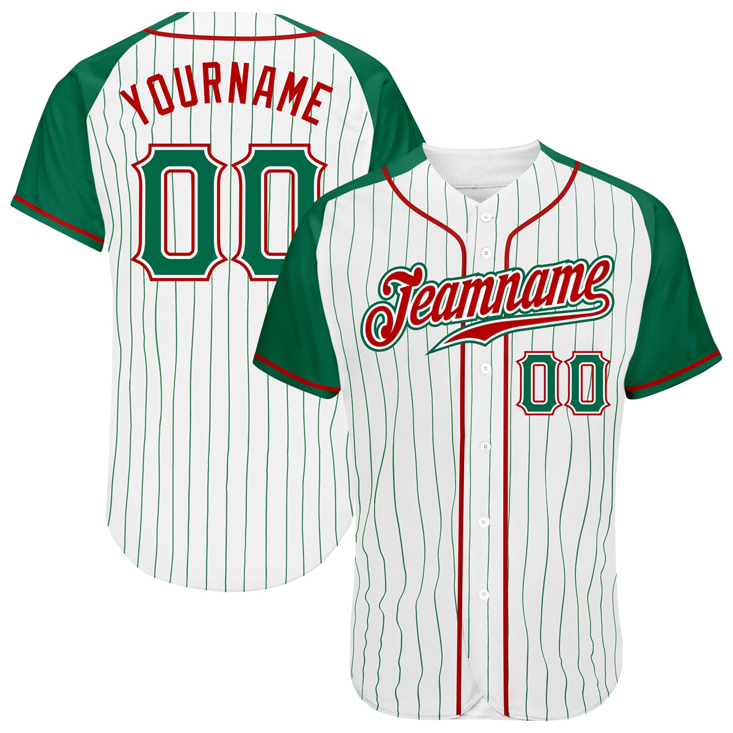 Custom White Kelly Green Pinstripe Kelly Green-Red Authentic Raglan Sleeves Baseball Jersey Custom Kelly Green Pinstripe Baseball Jersey with Red Raglan Sleeves, Authentic Design Custom White Kelly Green Pinstripe - Image 1
