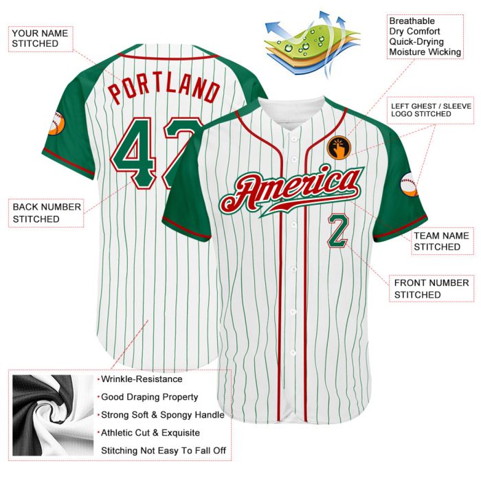 Custom Kelly Green Pinstripe Baseball Jersey with Red Raglan Sleeves, Authentic Design Custom White Kelly Green Pinstripe - Image 3