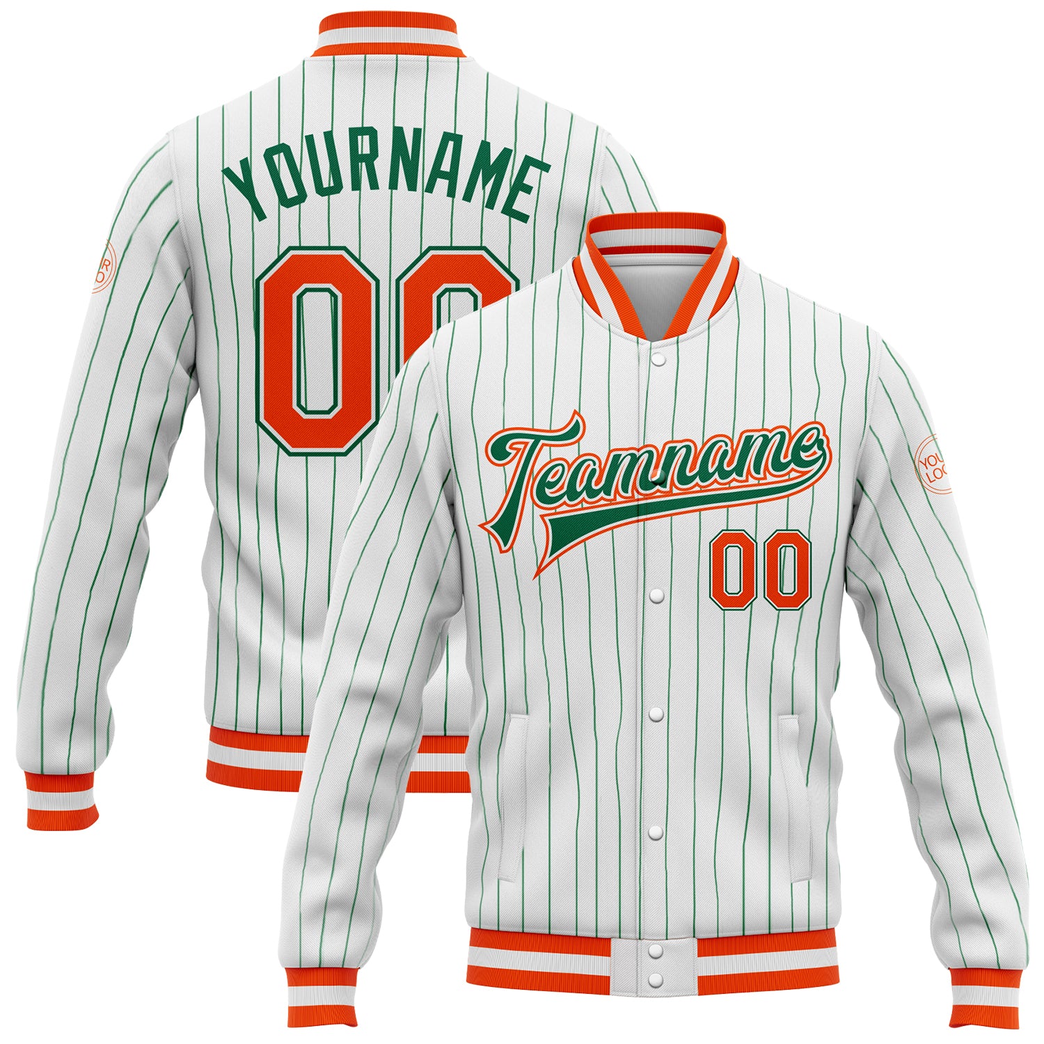 Custom Bomber Varsity Letterman Jacket in White Kelly Green Pinstripe and Orange, Full-Snap Style Custom White Kelly Green