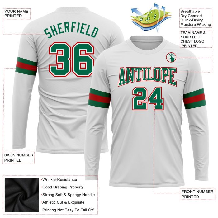 Custom Performance T-Shirt in White Kelly Green and Red - Long Sleeve Design Custom White Kelly Green-Red Long Sleeve Performance - Image 3