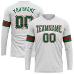 Custom Performance T-Shirt in White Kelly Green and Red - Long Sleeve Design Custom White Kelly Green-Red Long Sleeve Performance