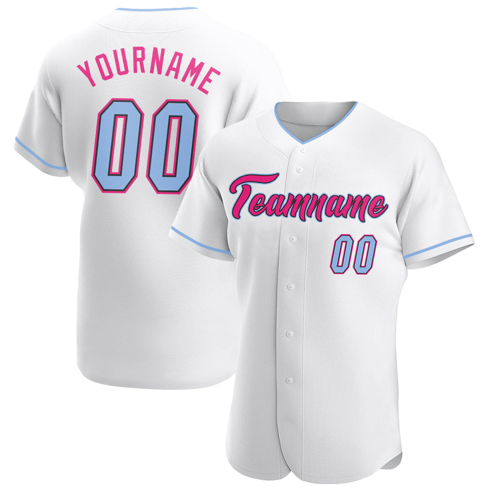 Custom Baseball Jersey in White, Light Blue, Black, and Hot Pink - Authentic Design Custom White Light Blue Black-Hot Pink