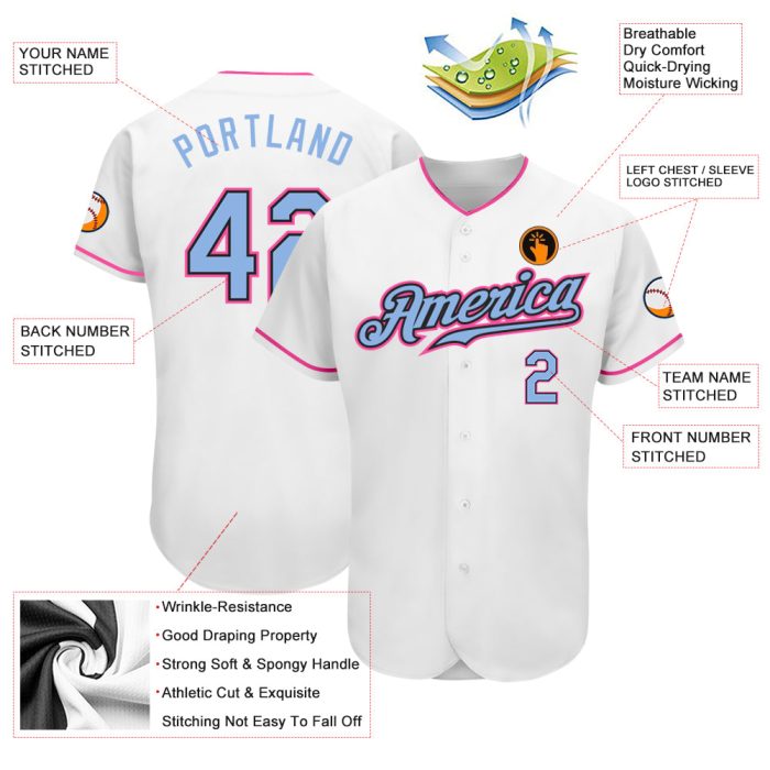 Authentic Baseball Jersey Custom White Light Blue Black Pink Design Custom White Light Blue Black-Pink Authentic Baseball - Image 3