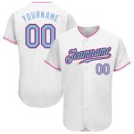 Authentic Custom Baseball Jersey in White Light Blue and Black Pink, Style 8472 Custom White Light Blue Black-Pink Authentic