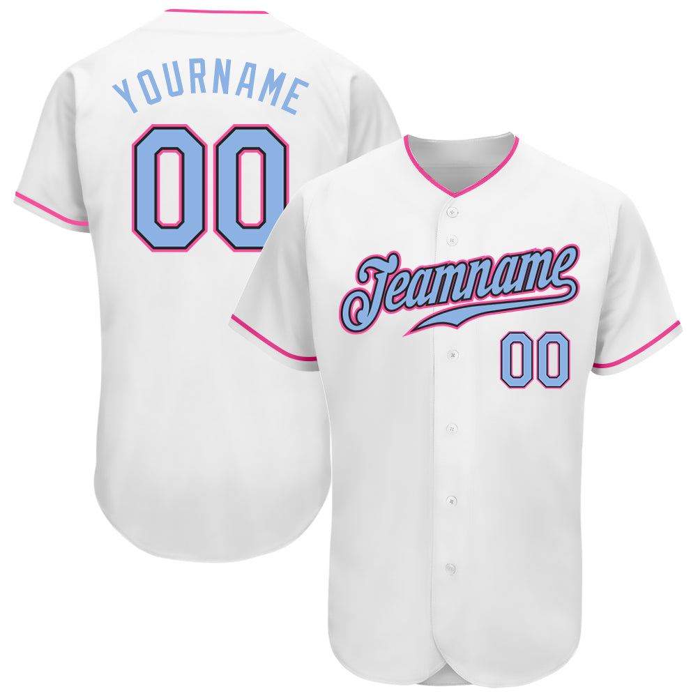 Custom White Light Blue Black-Pink Authentic Baseball Jersey Style 8472 Authentic Custom Baseball Jersey in White Light Blue and Black Pink, Style 8472 Custom White Light Blue Black-Pink Authentic - Image 1