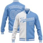 Custom Bomber Jacket Light Blue Varsity Letterman Full-Snap Fashion Split Design Custom White Light Blue Bomber Full-Snap