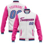 Custom Two Tone Bomber Jacket White Light Blue Pink Black Full-Snap Varsity Letterman Custom White Light Blue Pink-Black