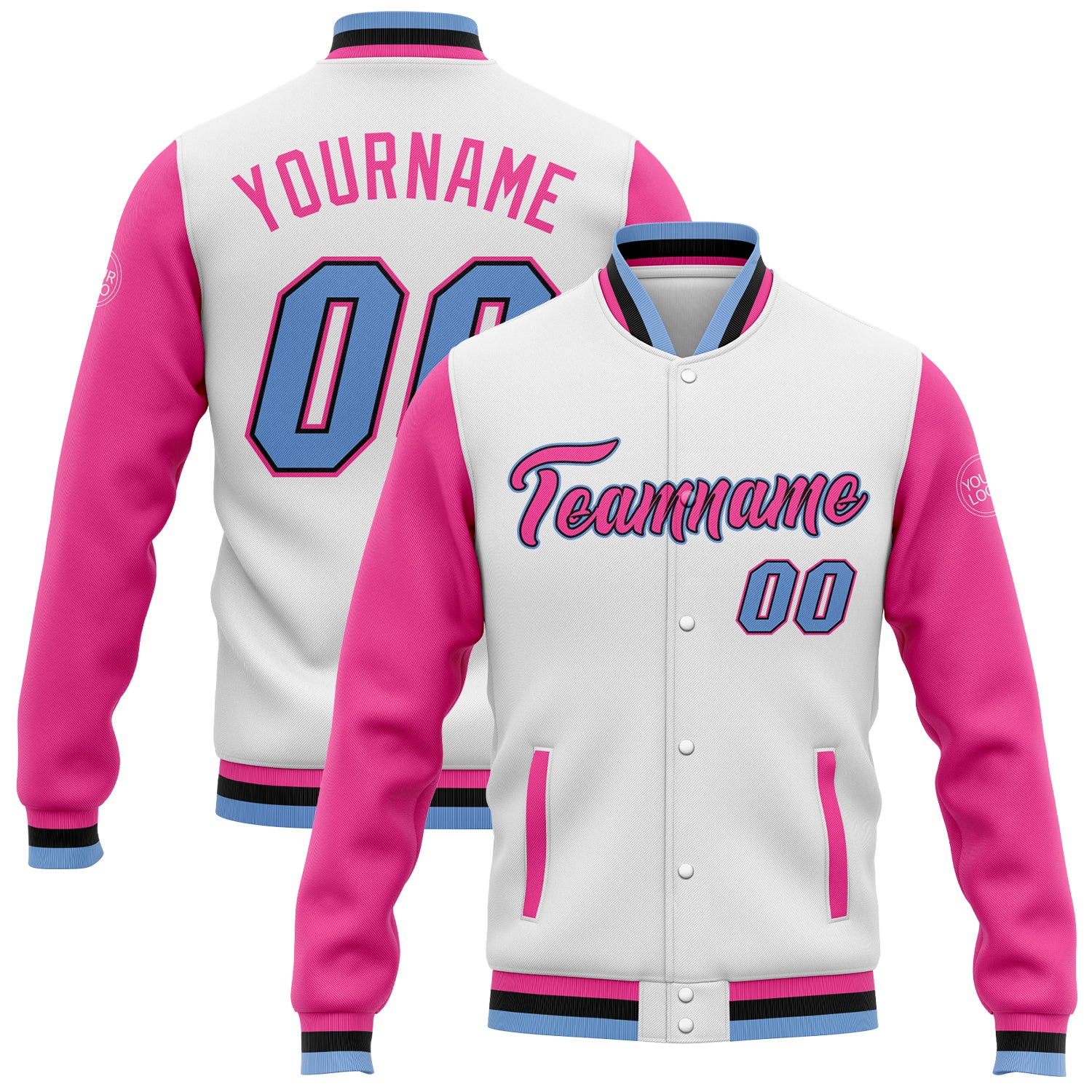 Custom Two Tone Bomber Jacket White Light Blue Pink Black Full-Snap Varsity Letterman Custom White Light Blue Pink-Black