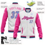 Custom Two Tone Bomber Jacket White Light Blue Pink Black Full-Snap Varsity Letterman Custom White Light Blue Pink-Black - Image 3