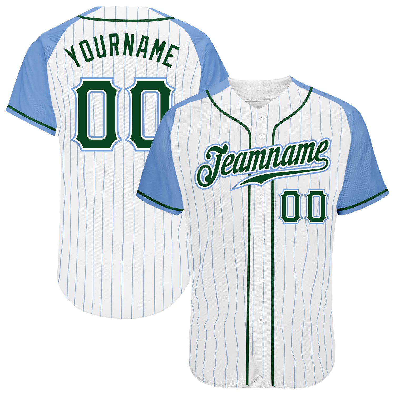 Custom White Light Blue Pinstripe Green-Light Blue Authentic Raglan Sleeves Baseball Jersey Authentic Baseball Jersey Custom Light Blue Pinstripe Green Raglan Sleeves Custom White Light Blue Pinstripe Green-Light - Image 1