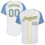 Custom Light Blue Gold Pinstripe Baseball Jersey with Authentic Raglan Sleeves Custom White Light Blue Pinstripe Light Blue-Gold