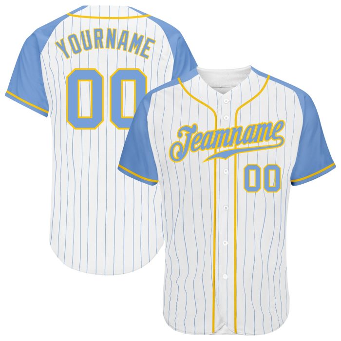 Custom Light Blue Gold Pinstripe Baseball Jersey with Authentic Raglan Sleeves Custom White Light Blue Pinstripe Light Blue-Gold - Image 1
