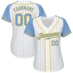 Custom Light Blue Gold Pinstripe Baseball Jersey with Authentic Raglan Sleeves Custom White Light Blue Pinstripe Light Blue-Gold - Image 2