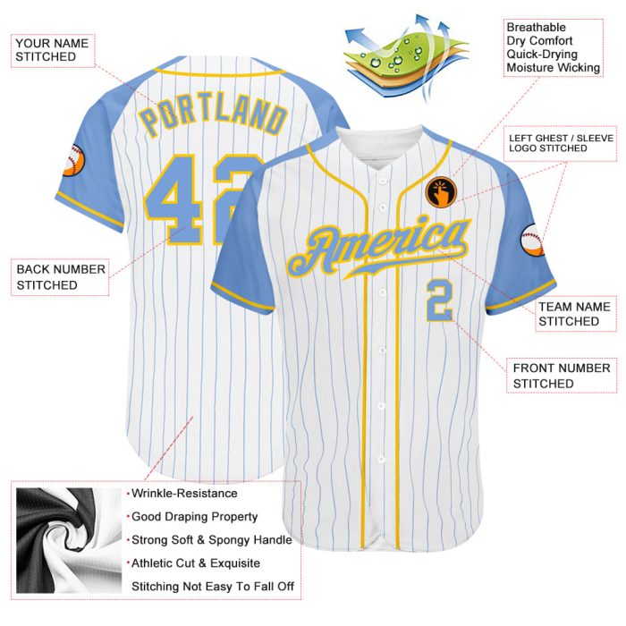 Custom Light Blue Gold Pinstripe Baseball Jersey with Authentic Raglan Sleeves Custom White Light Blue Pinstripe Light Blue-Gold - Image 3