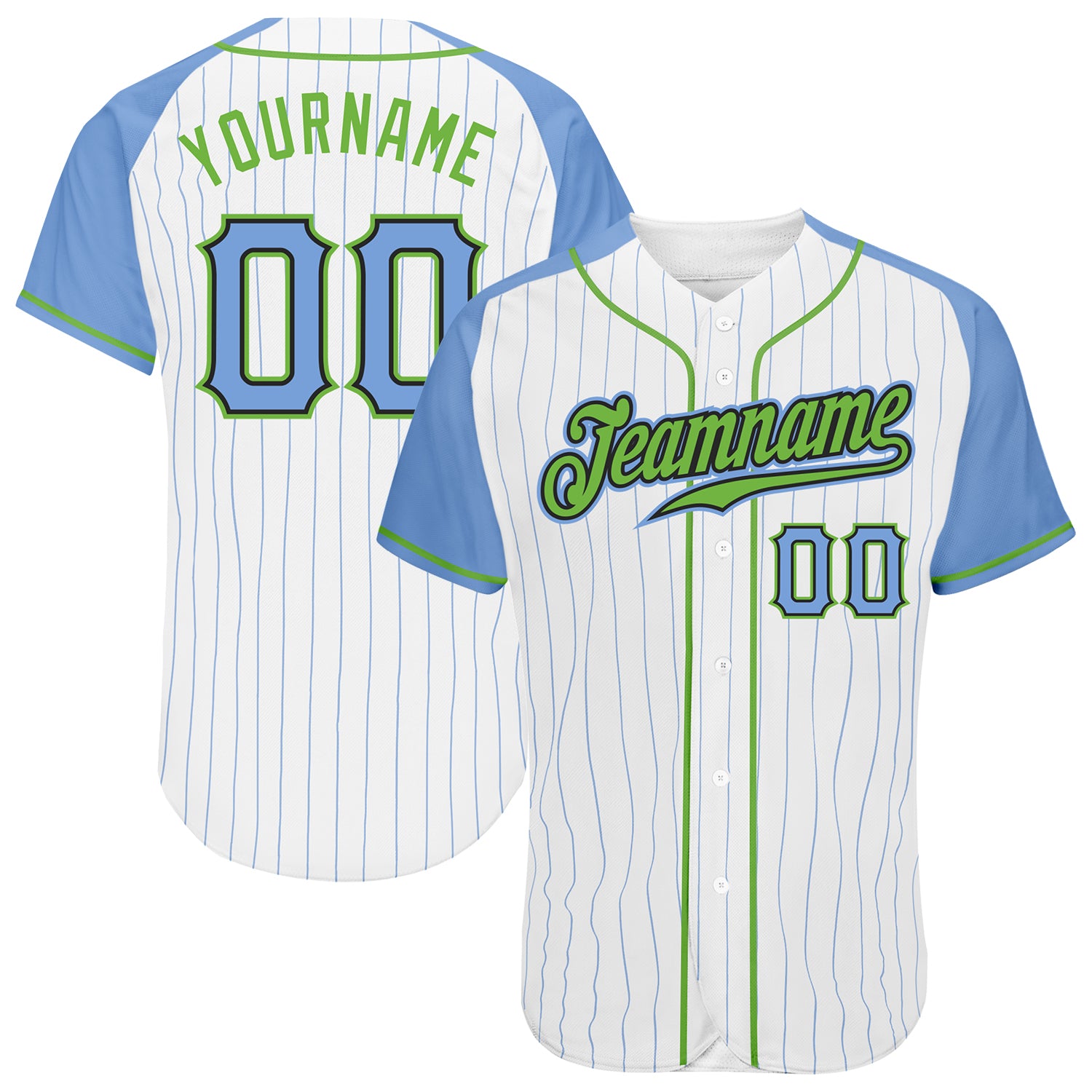 Custom Light Blue Pinstripe Baseball Jersey with Neon Green Raglan Sleeves - Authentic Style Custom White Light Blue Pinstripe