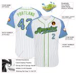 Custom Light Blue Pinstripe Baseball Jersey with Neon Green Raglan Sleeves - Authentic Style Custom White Light Blue Pinstripe - Image 3