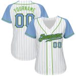 Custom Light Blue Pinstripe Baseball Jersey with Neon Green Raglan Sleeves - Authentic Style Custom White Light Blue Pinstripe - Image 2