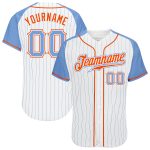 Custom Light Blue Orange Pinstripe Baseball Jersey with Raglan Sleeves - Authentic Design Custom White Light Blue Pinstripe
