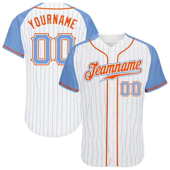 Custom Light Blue Orange Pinstripe Baseball Jersey with Raglan Sleeves - Authentic Design Custom White Light Blue Pinstripe - Image 1