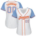 Custom Light Blue Orange Pinstripe Baseball Jersey with Raglan Sleeves - Authentic Design Custom White Light Blue Pinstripe - Image 2