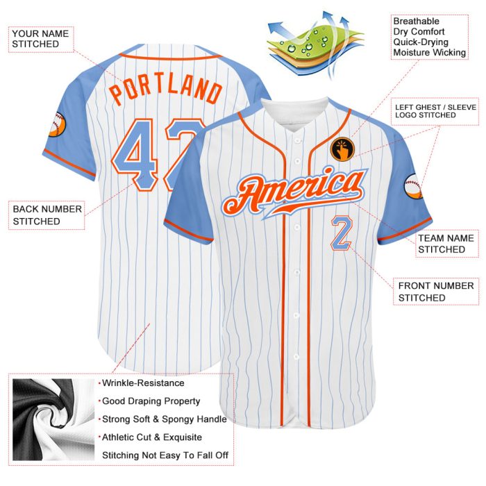 Custom Light Blue Orange Pinstripe Baseball Jersey with Raglan Sleeves - Authentic Design Custom White Light Blue Pinstripe - Image 3