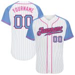 Custom Light Blue-Pink Pinstripe Baseball Jersey with Raglan Sleeves Custom White Light Blue Pinstripe Light Blue-Pink Authentic