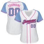 Custom Light Blue-Pink Pinstripe Baseball Jersey with Raglan Sleeves Custom White Light Blue Pinstripe Light Blue-Pink Authentic - Image 2