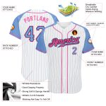 Custom Light Blue-Pink Pinstripe Baseball Jersey with Raglan Sleeves Custom White Light Blue Pinstripe Light Blue-Pink Authentic - Image 3