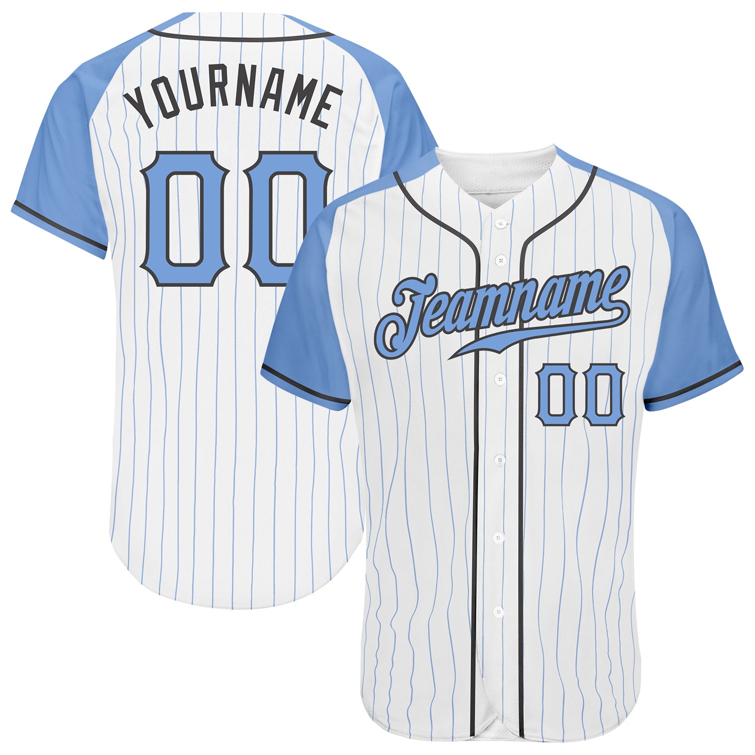 Custom Light Blue Pinstripe Baseball Jersey for Fathers Day - Authentic Raglan Sleeves in White & Steel Gray Custom White