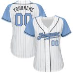 Custom Light Blue Pinstripe Baseball Jersey for Fathers Day - Authentic Raglan Sleeves in White & Steel Gray Custom White - Image 2