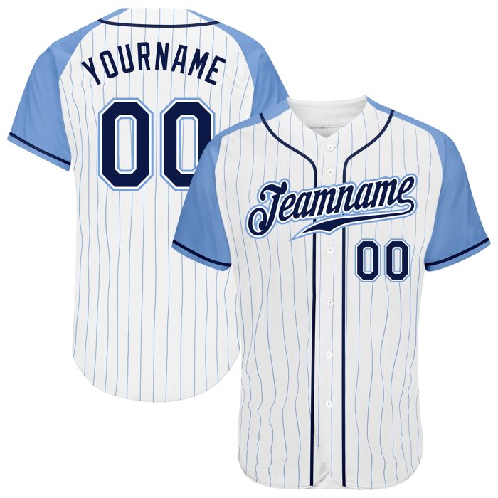 Custom Light Blue Pinstripe Navy Baseball Jersey Authentic Raglan Sleeves Custom White Light Blue Pinstripe Navy-Light Blue - Image 1