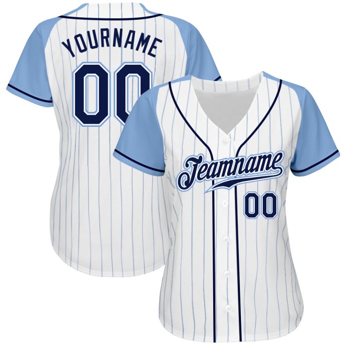 Custom Light Blue Pinstripe Navy Baseball Jersey Authentic Raglan Sleeves Custom White Light Blue Pinstripe Navy-Light Blue - Image 2
