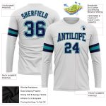 Custom Long Sleeve Performance T-Shirt in White Navy Gray Aqua Custom White Navy Gray-Aqua Long Sleeve Performance T-Shirt - Image 3