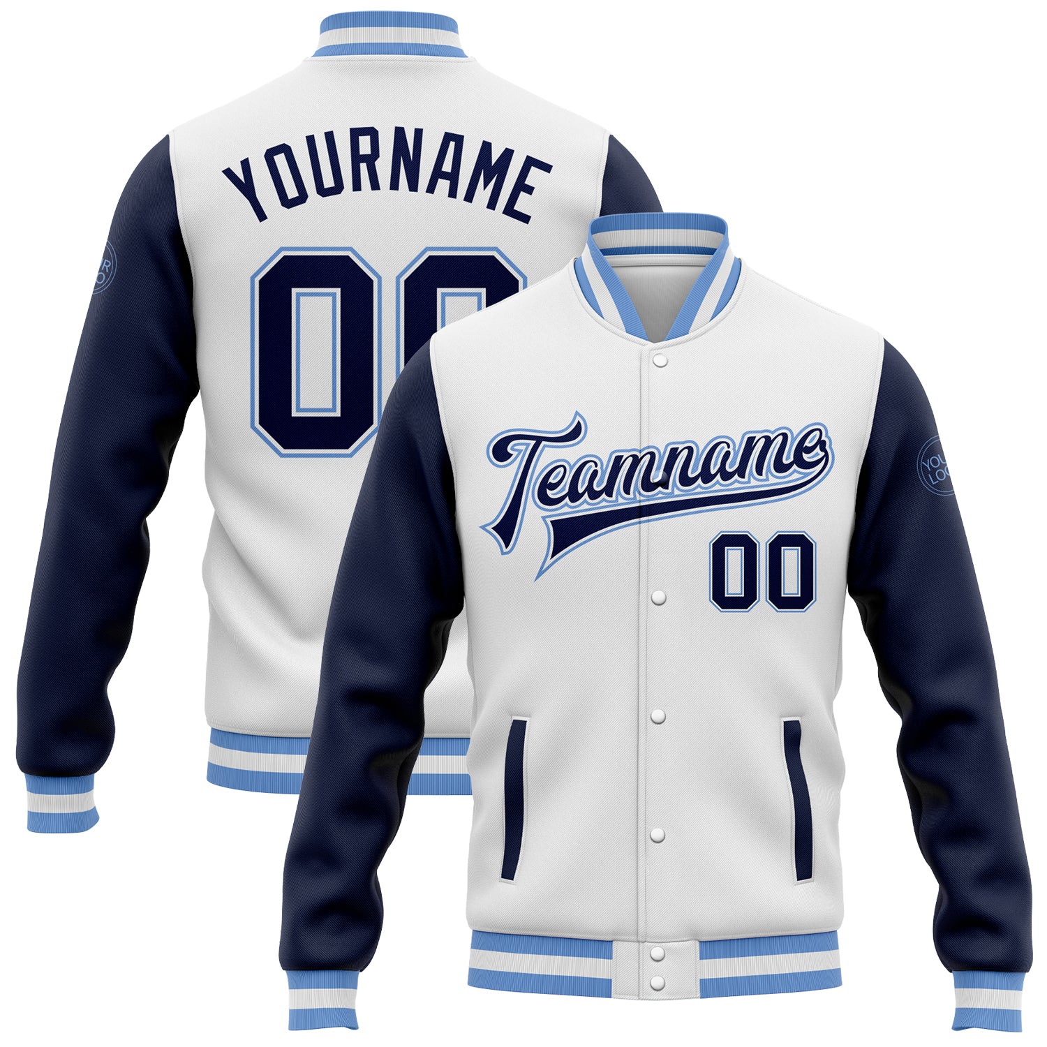 Custom Navy Light Blue Two Tone Varsity Letterman Bomber Full-Snap Jacket Custom White Navy-Light Blue Bomber Full-Snap Varsity