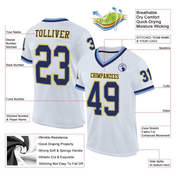 Custom White Navy Light Blue Mesh Football Jersey - Authentic Throwback Style Custom White Navy-Light Blue Mesh Authentic - Image 2