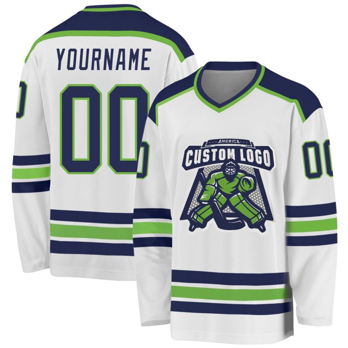 Custom Navy Neon Green Hockey Jersey - Personalized Sports Apparel Custom White Navy-Neon Green Hockey Jersey - Image 1