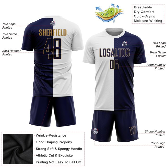 Custom Sublimation Soccer Jersey - White Navy Old Gold Fashion Split Uniform Custom White Navy-Old Gold Sublimation Split - Image 3