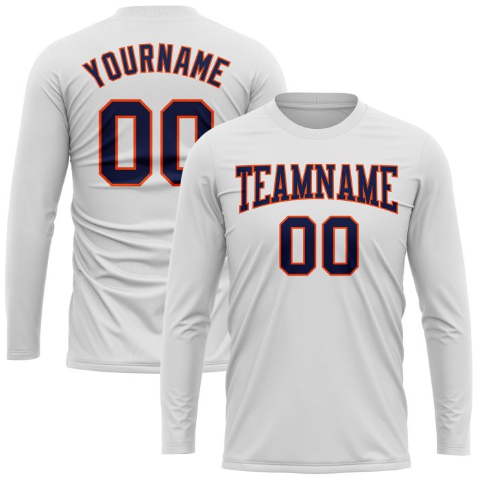 Custom Long Sleeve Performance T-Shirt in White Navy Orange for Activewear Custom White Navy-Orange Long Sleeve Performance - Image 2
