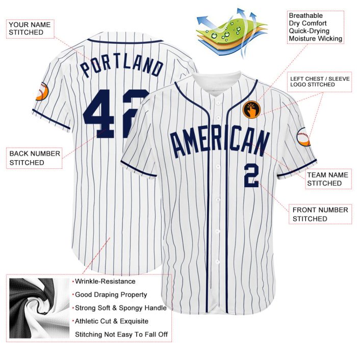 Custom Navy Pinstripe Baseball Jersey, Authentic Style 7312 - White & Navy Design Custom White Navy Pinstripe Navy Authentic - Image 3