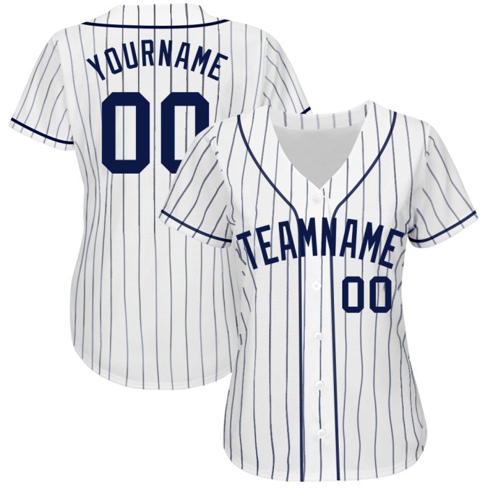 Custom Navy Pinstripe Baseball Jersey, Authentic Style 7312 - White & Navy Design Custom White Navy Pinstripe Navy Authentic - Image 2