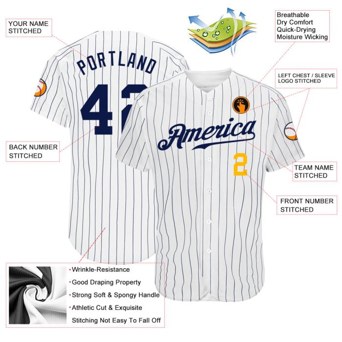 Custom Navy Gold Pinstripe Baseball Jersey - Authentic White Navy Design Custom White Navy Pinstripe Navy-Gold Authentic - Image 3