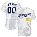 Custom Navy Gold Pinstripe Baseball Jersey - Authentic White Navy Design Custom White Navy Pinstripe Navy-Gold Authentic