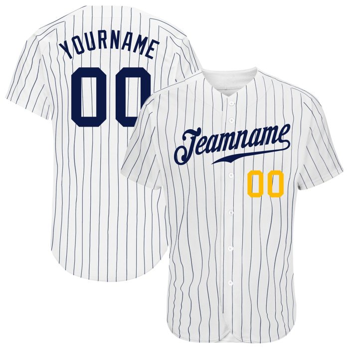 Custom Navy Gold Pinstripe Baseball Jersey - Authentic White Navy Design Custom White Navy Pinstripe Navy-Gold Authentic - Image 1