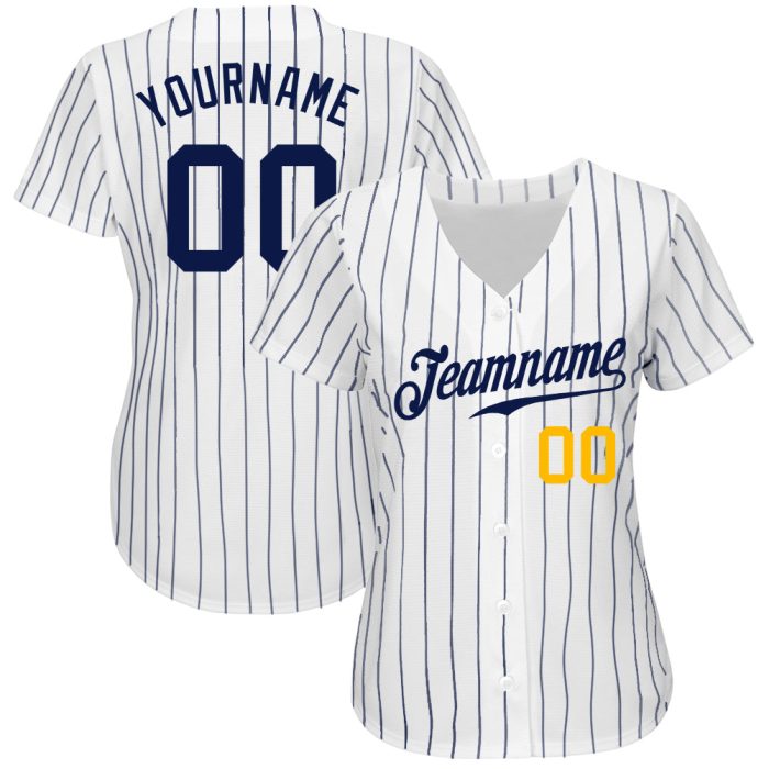 Custom Navy Gold Pinstripe Baseball Jersey - Authentic White Navy Design Custom White Navy Pinstripe Navy-Gold Authentic - Image 2